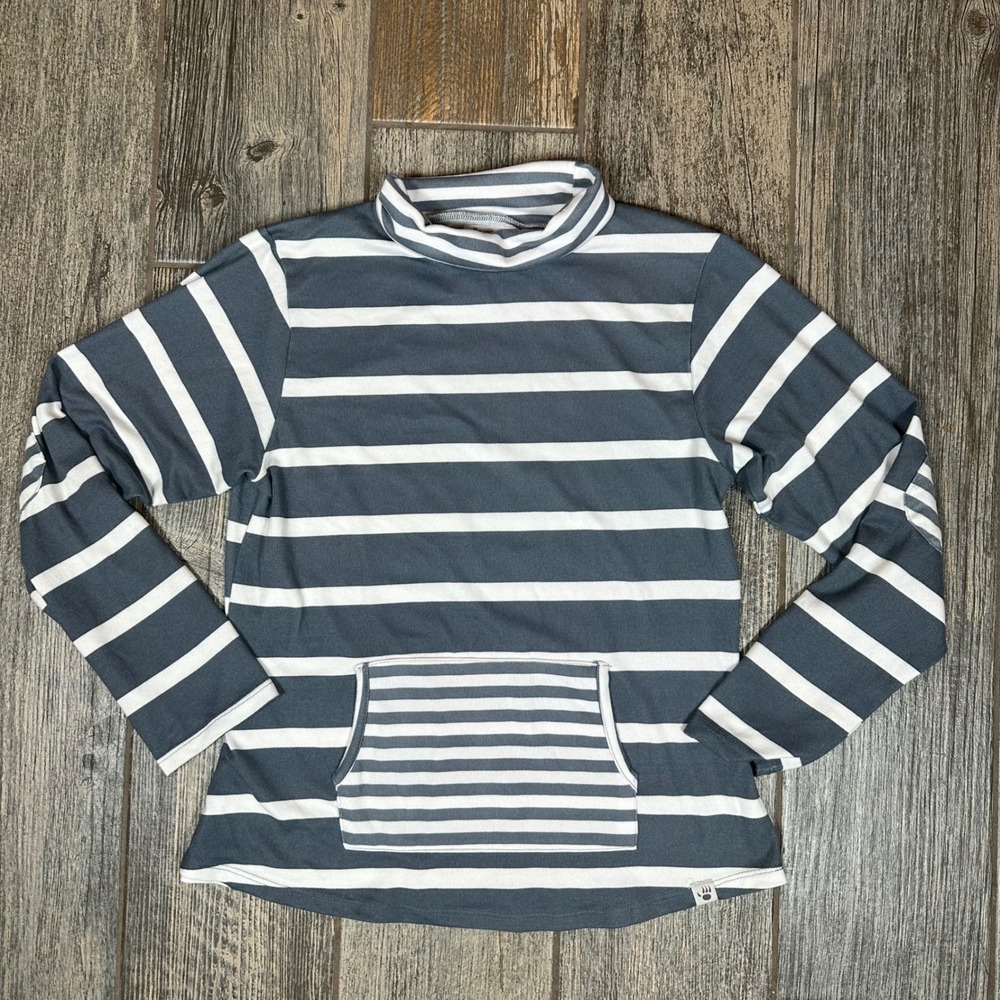 Bearpaw Women's Striped Mock‎ Neck Long Sleeve Pullover Top, Gray White, Medium